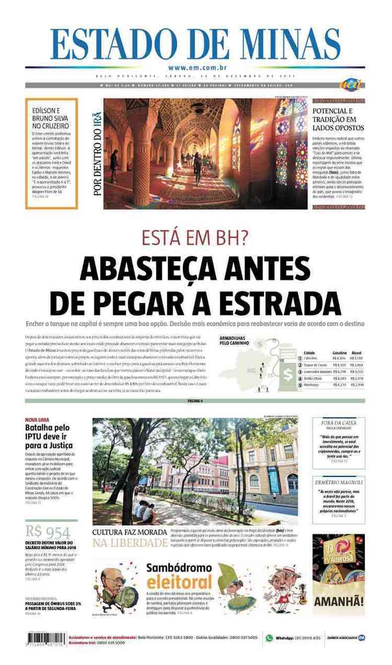 Confira a Capa do Jornal Estado de Minas do dia 30/12/2017