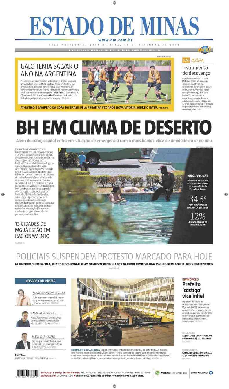 Confira a Capa do Jornal Estado de Minas do dia 19/09/2019(foto: Estado de Minas)