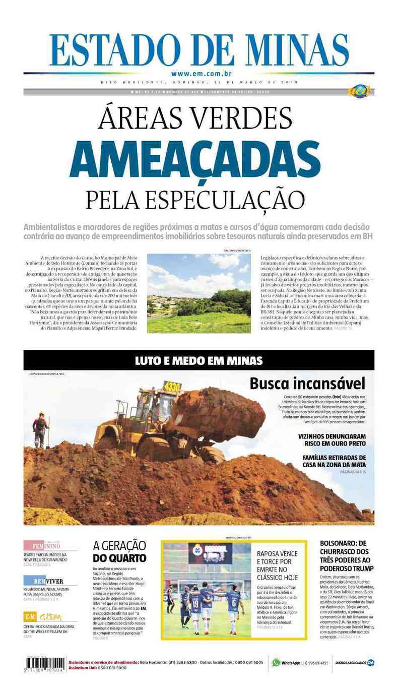 Confira a Capa do Jornal Estado de Minas do dia 17/03/2019(foto: Estado de Minas)