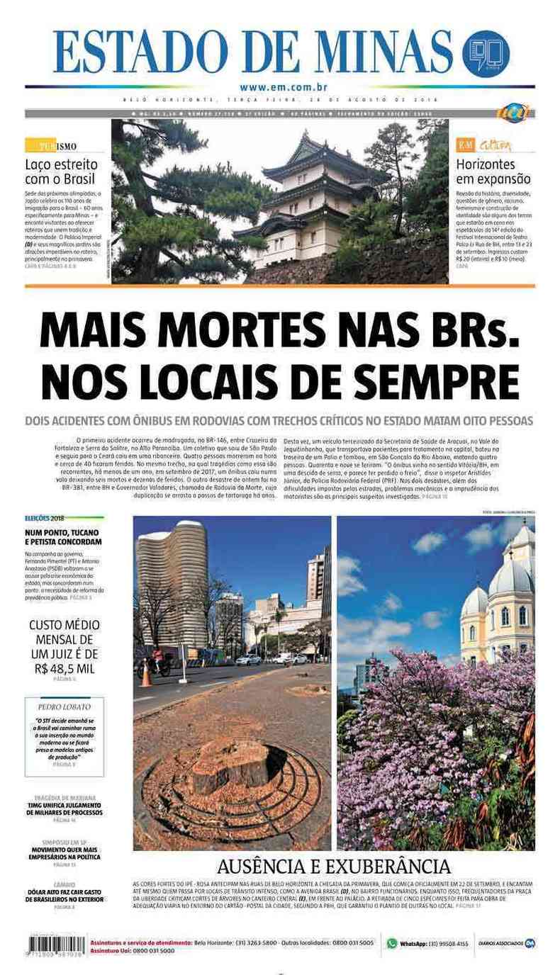 Confira a Capa do Jornal Estado de Minas do dia 28/08/2018(foto: Estado de Minas)