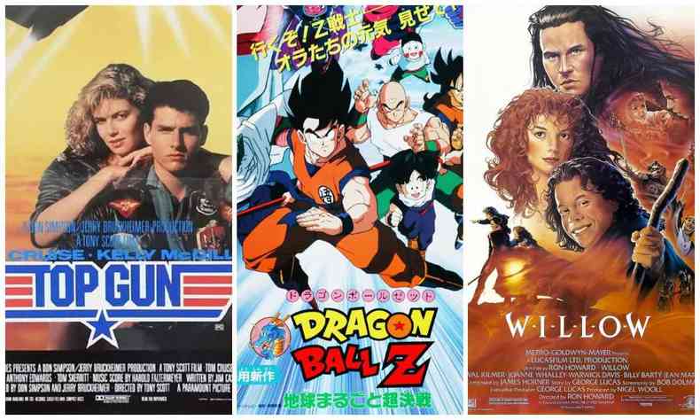 unio de trs cartazes dos filmes dos anos 1980: Top Gun, Dragon Ball Z e Willow