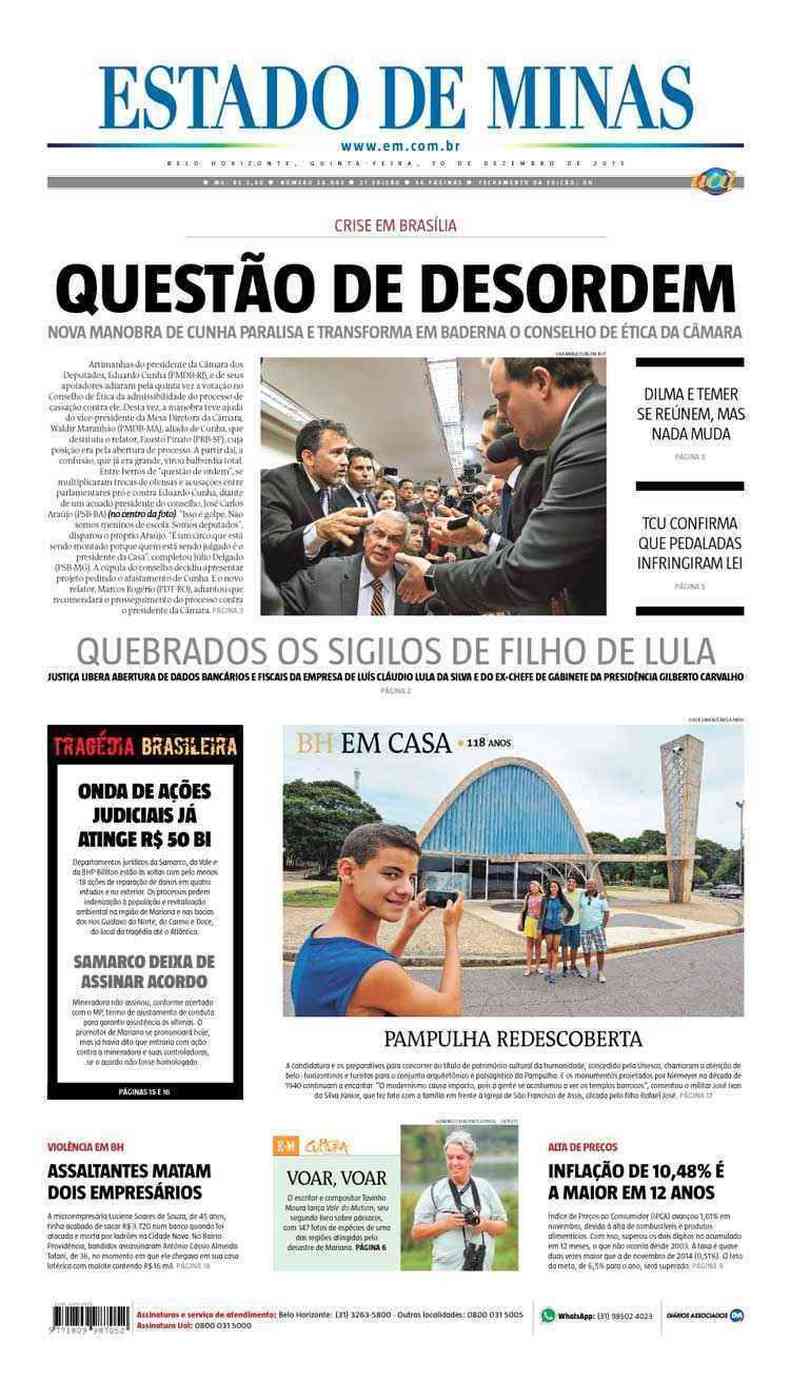 Confira a Capa do Jornal Estado de Minas do dia 10/12/2015