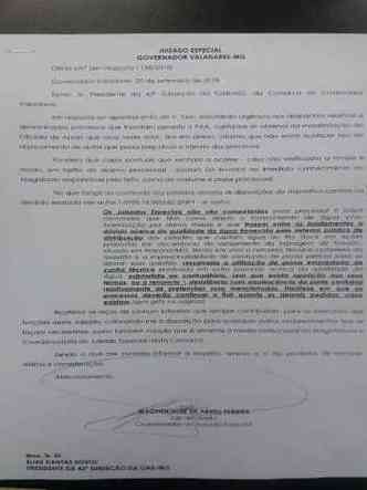 Cpia do ofcio enviado pelo Juizado Especial de Governador Valadares(foto: Reproduo)