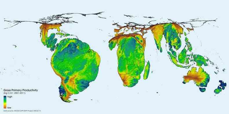 Brasil aparece em destaque no mapa que mostra as regies que mais geram vida por meio da combinao de gua, luz e ar(foto: World Mapper/reproduo)