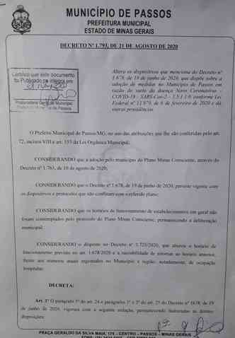 Novo decreto comeou a valer nessa segunda-feira (24)(foto: Prefeitura de Passos)