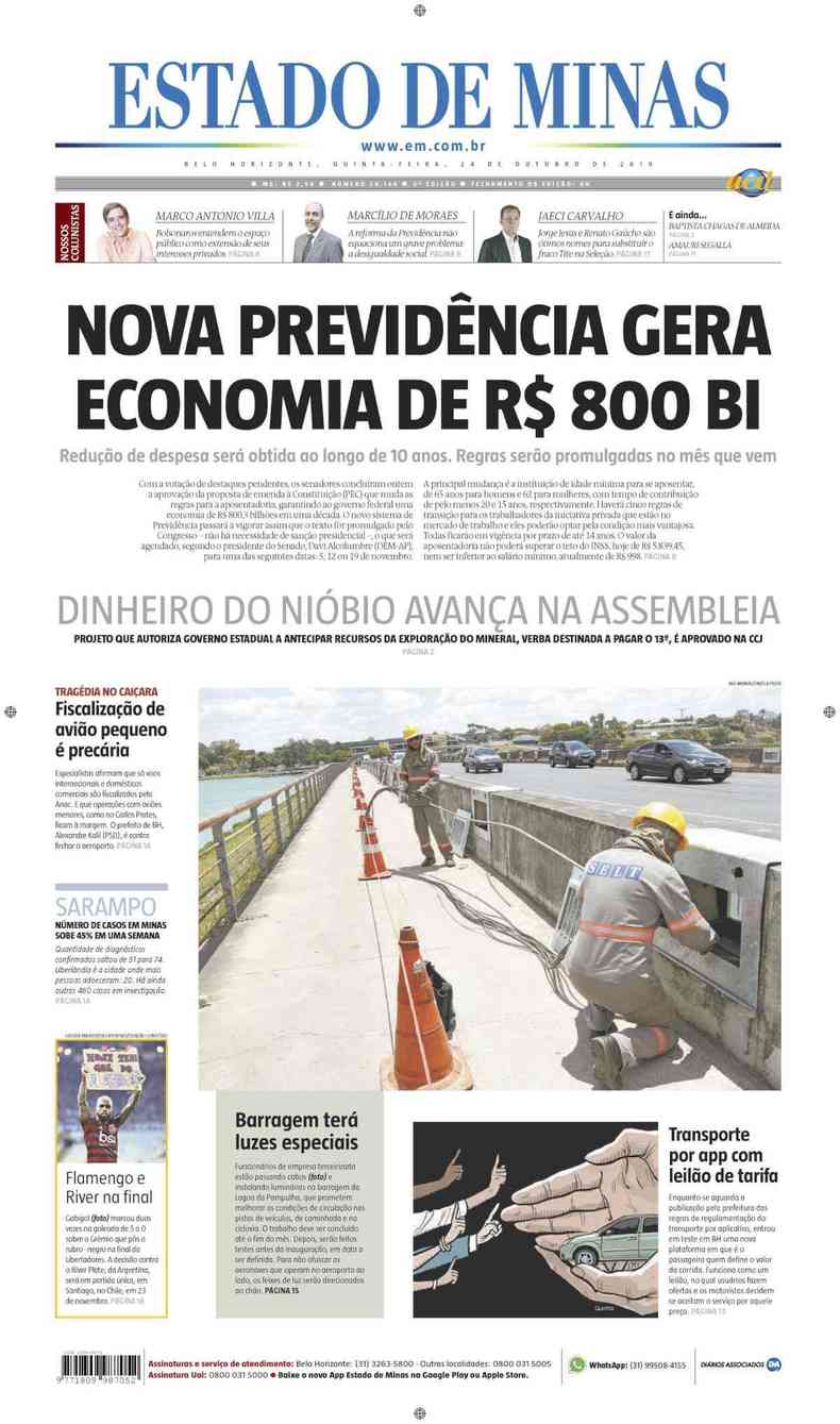 Confira a Capa do Jornal Estado de Minas do dia 24/10/2019(foto: Estado de Minas)