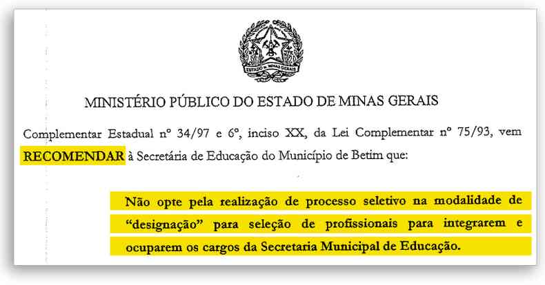 Detalhe da recomendação feita pelo MP à Prefeitura de Betim em 9 de março(foto: Reprodução)