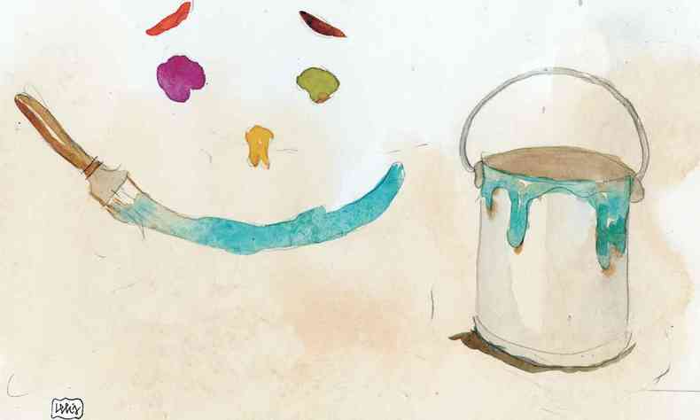 ilustrao mostra balde de tinta e pincel com smile desenhado