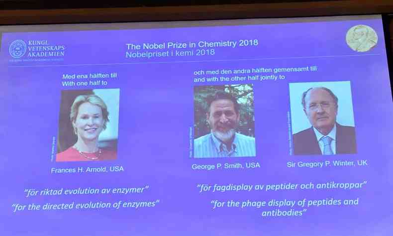 Os ganhadores do Nobel de Qumica 2018 Frances H. Arnold, George P. Smith e Sir Gregory P. Winter(foto: JONAS EKSTROMER/AFP )