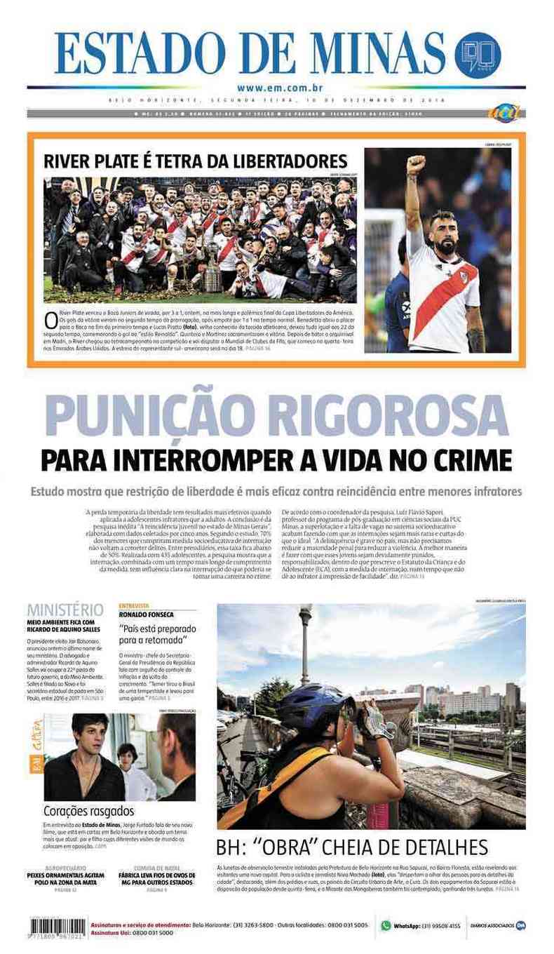 Confira a Capa do Jornal Estado de Minas do dia 10/12/2018(foto: Estado de Minas)