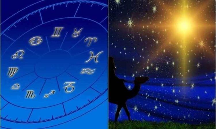 Montagem de fotos de uma roda de signos e a estrela guia