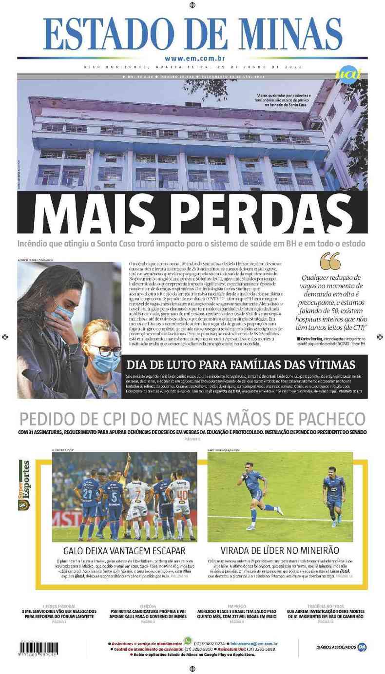 Confira a Capa do Jornal Estado de Minas do dia 29/06/2022