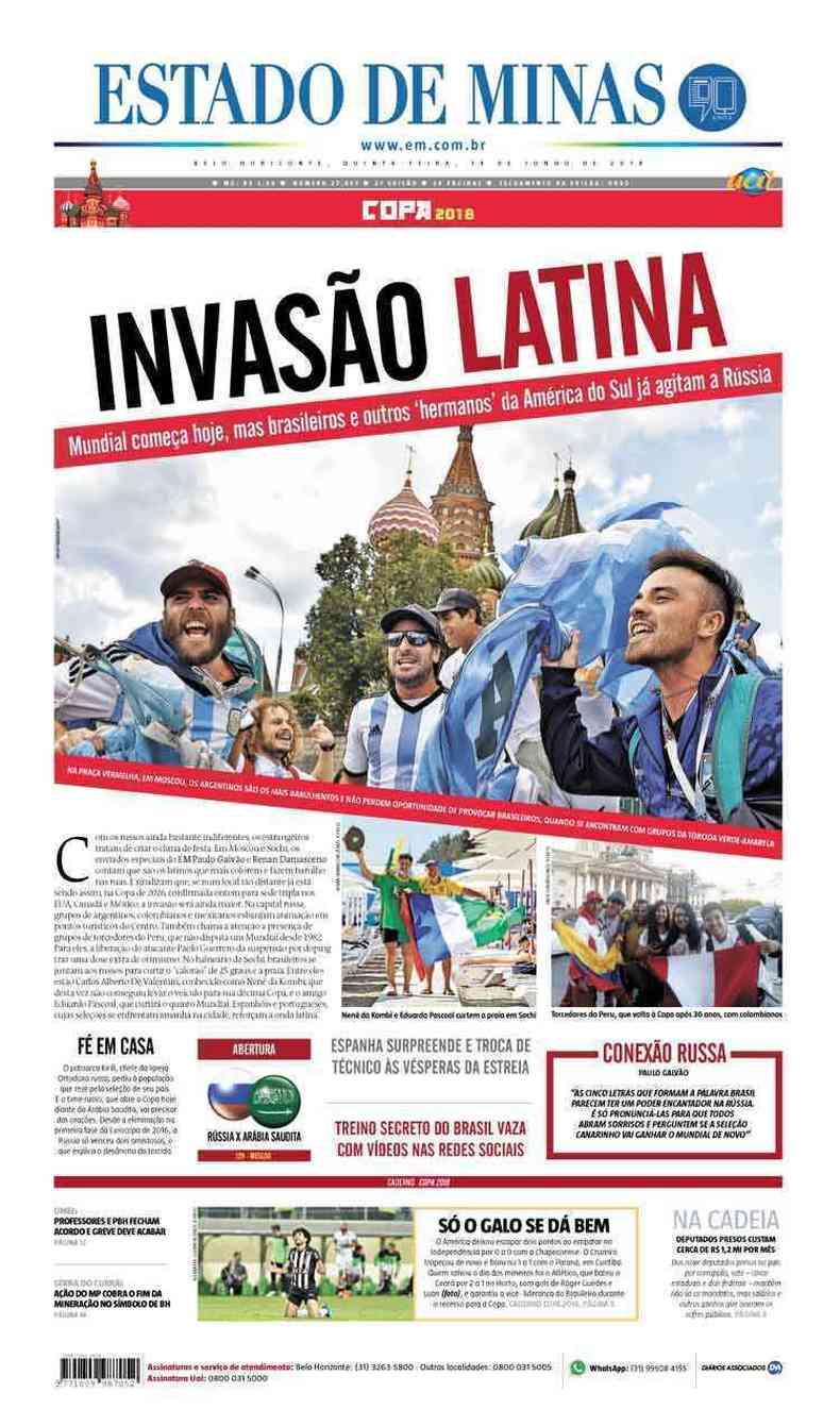 Confira a Capa do Jornal Estado de Minas do dia 14/06/2018