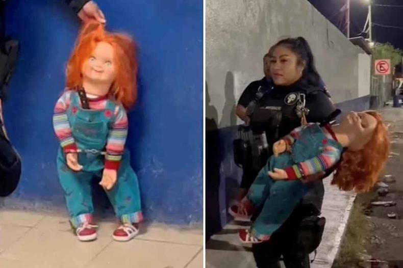 chuck algemado na foto da esquerda e na foto da direita est sendo carregado por policiais com uma faca no macaco