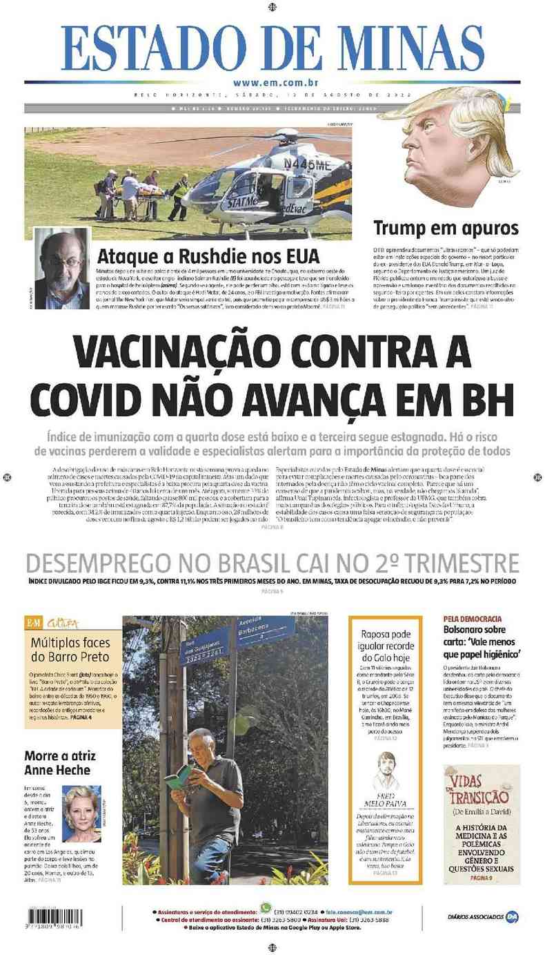 Confira a Capa do Jornal Estado de Minas do dia 13/08/2022
