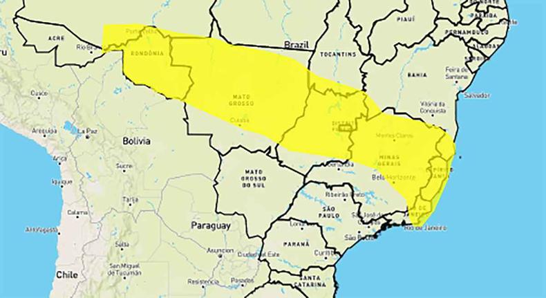 Faixa de alerta para chuvas intensas vem de Rondnia ao Esprito Santo passando por mais da metade de MG mapa meteorolgico