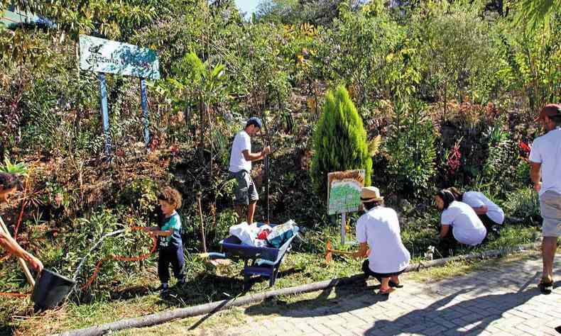Moradores fazem mutiro de plantio e limpeza no Parque Municipal Alfredo Sabetta, no Bairro Teixeira Dias, no Barreiro