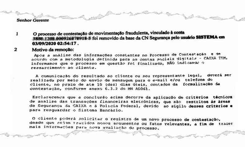 Carta enviada pela Caixa negando devolução de dinheiro para vítima de golpe de saque no FGTS(foto: Reprodução)