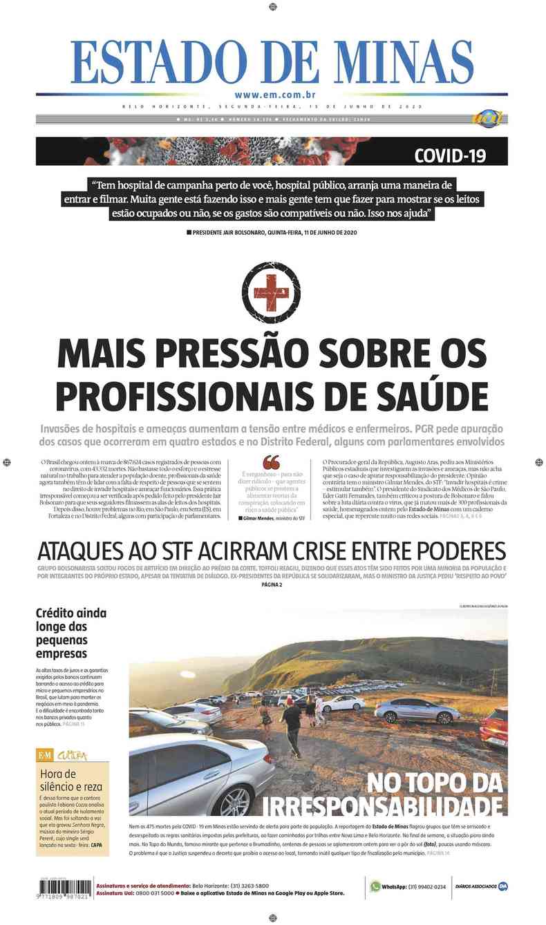 Confira a Capa do Jornal Estado de Minas do dia 15/06/2020(foto: Estado de Minas)