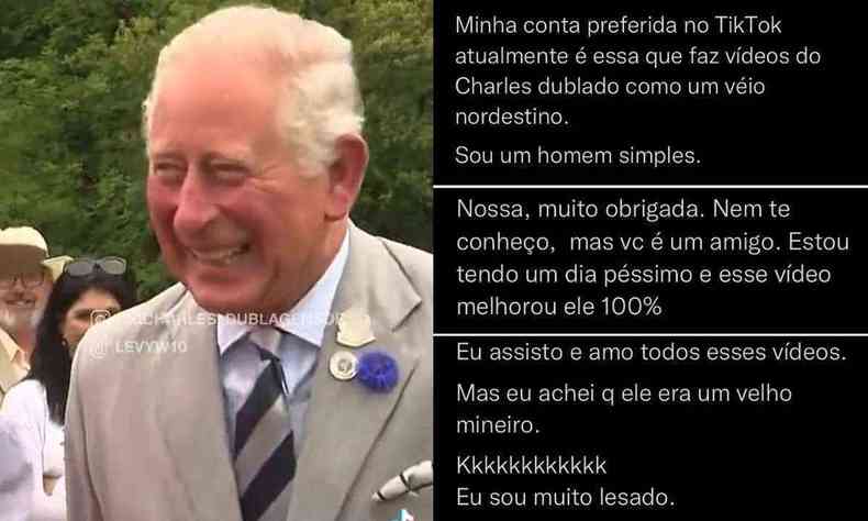 Montagem com foto do rei Charles III e comentrios das redes sociais
