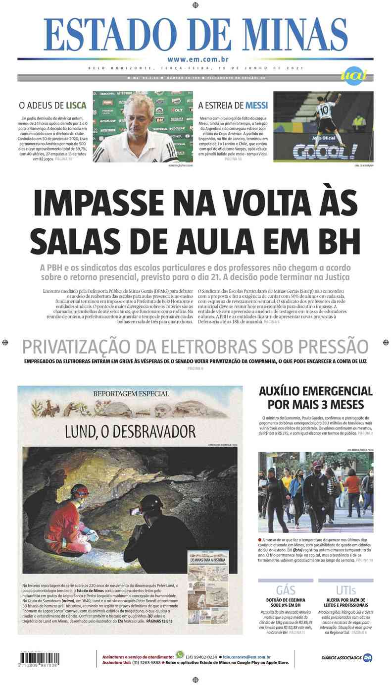 Confira a Capa do Jornal Estado de Minas do dia 15/06/2021(foto: Estado de Minas)