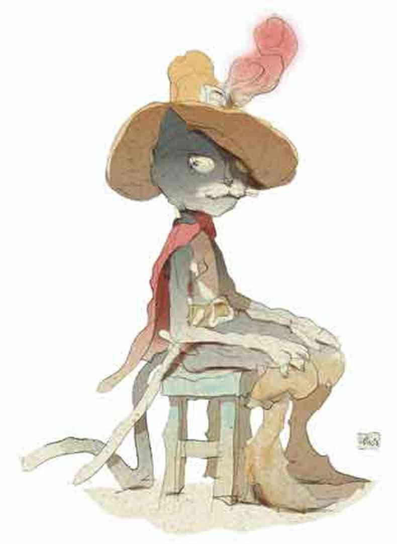 ilustração de Lelis mostra o Gato de Botas sentado numa cadeira
