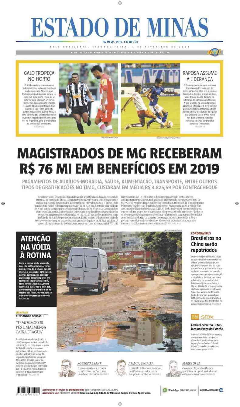 Confira a Capa do Jornal Estado de Minas do dia 03/02/2020(foto: Estado de Minas)