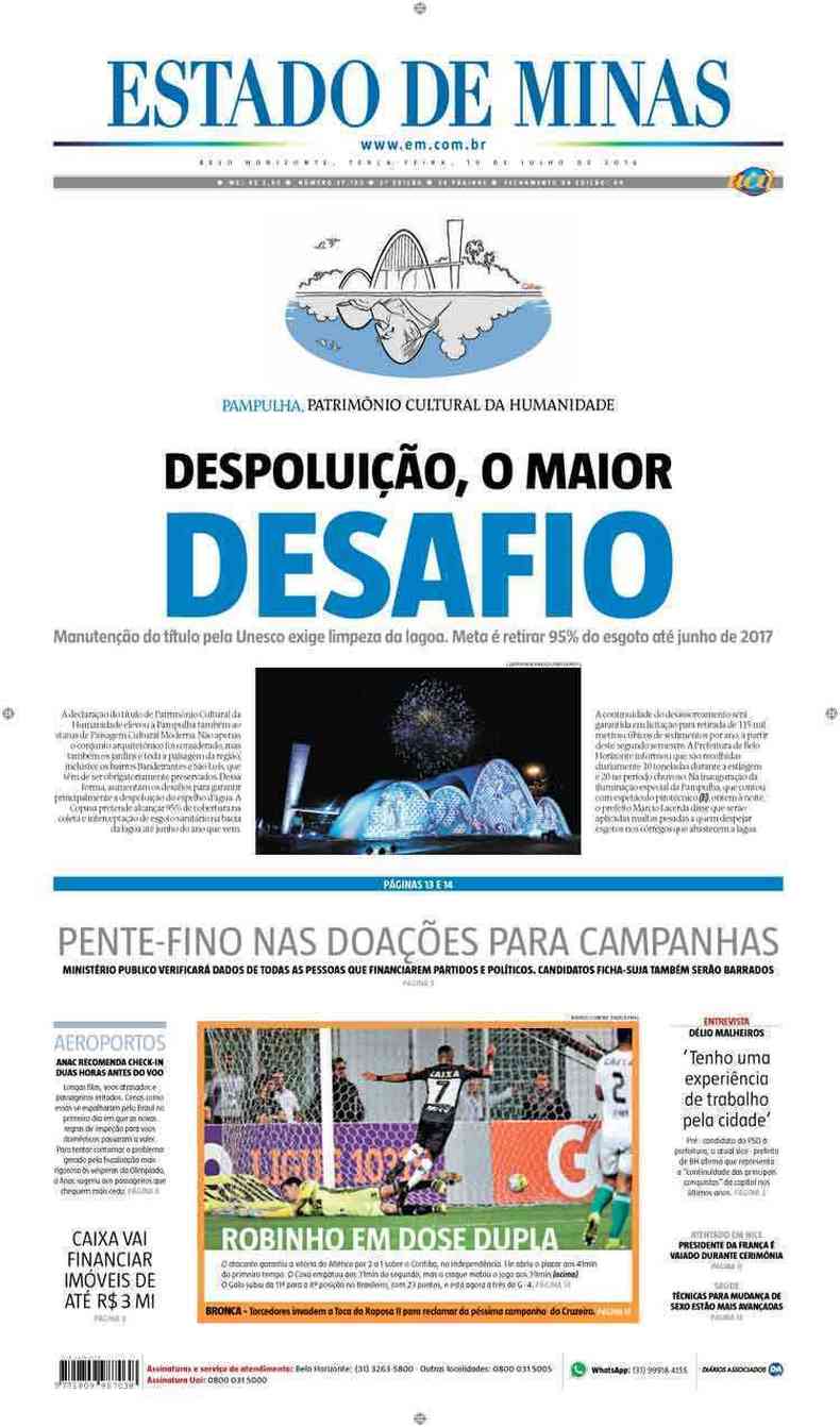 Confira a Capa do Jornal Estado de Minas do dia 19/07/2016