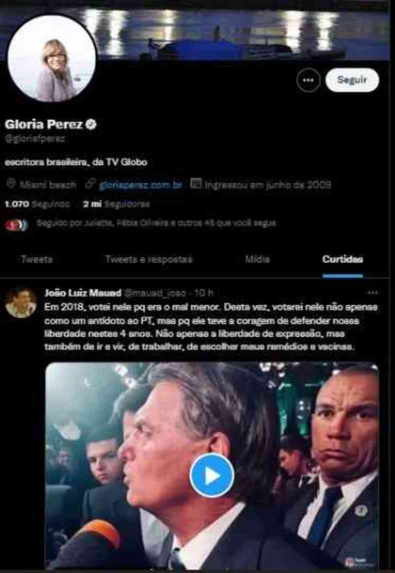 Curtida de Gloria Perez em tweet pr-Bolsonaro