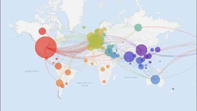 Mapa mostra as milhares de sequncias genticas do coronavrus, que mutou tambm a partir das viagens e dos contatos que infectados fizeram ao redor do mundo(foto: Nextstrain)