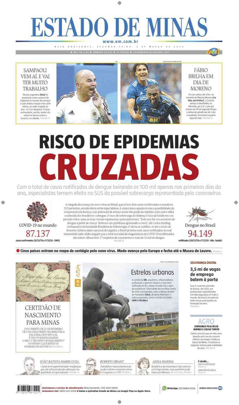 Confira a Capa do Jornal Estado de Minas do dia 02/03/2020(foto: Estado de Minas)