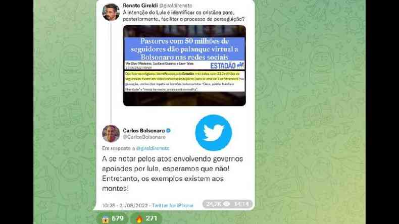 Postagem do vereador Carlos Bolsonaro em seu canal no Telegram