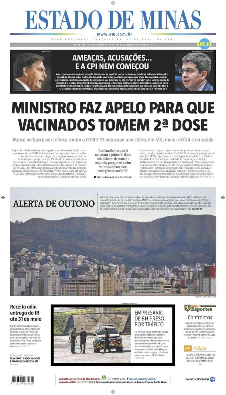 Confira a Capa do Jornal Estado de Minas do dia 13/04/2021(foto: Estado de Minas)