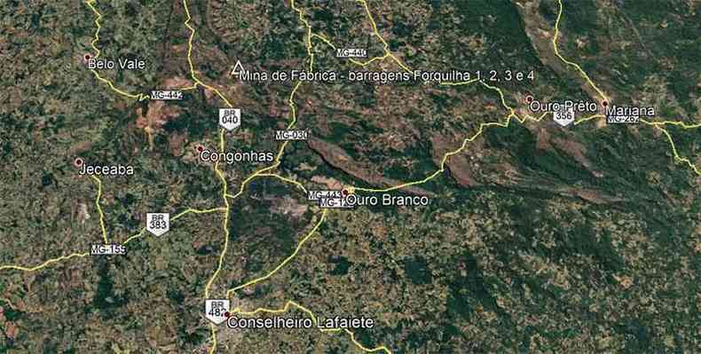 Localizao das barragens de Grupo, Forquilha 1, 2, 3 e 4 no complexo da Mina de Fbrica(foto: Reproduo/Google Earth)