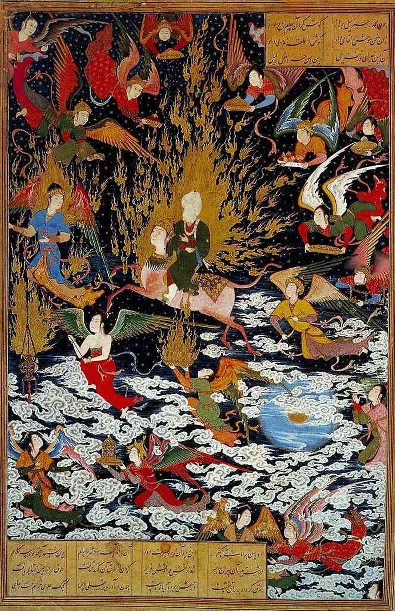 Gravura persa de 1550 dC retratando o Profeta Maom ascendendo no Burak ao cu, uma jornada conhecida como Miraj