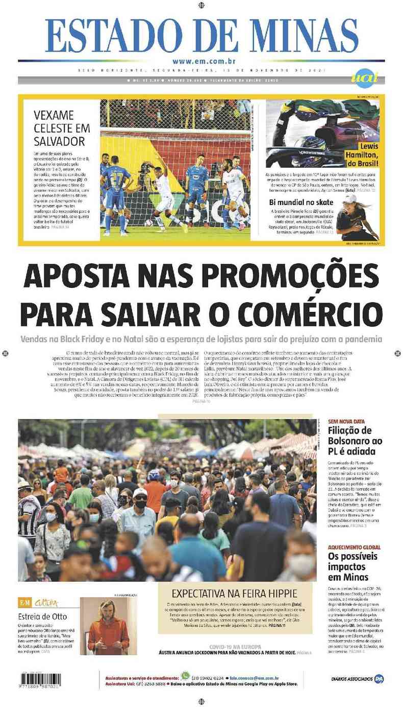 Confira a Capa do Jornal Estado de Minas do dia 15/11/2021