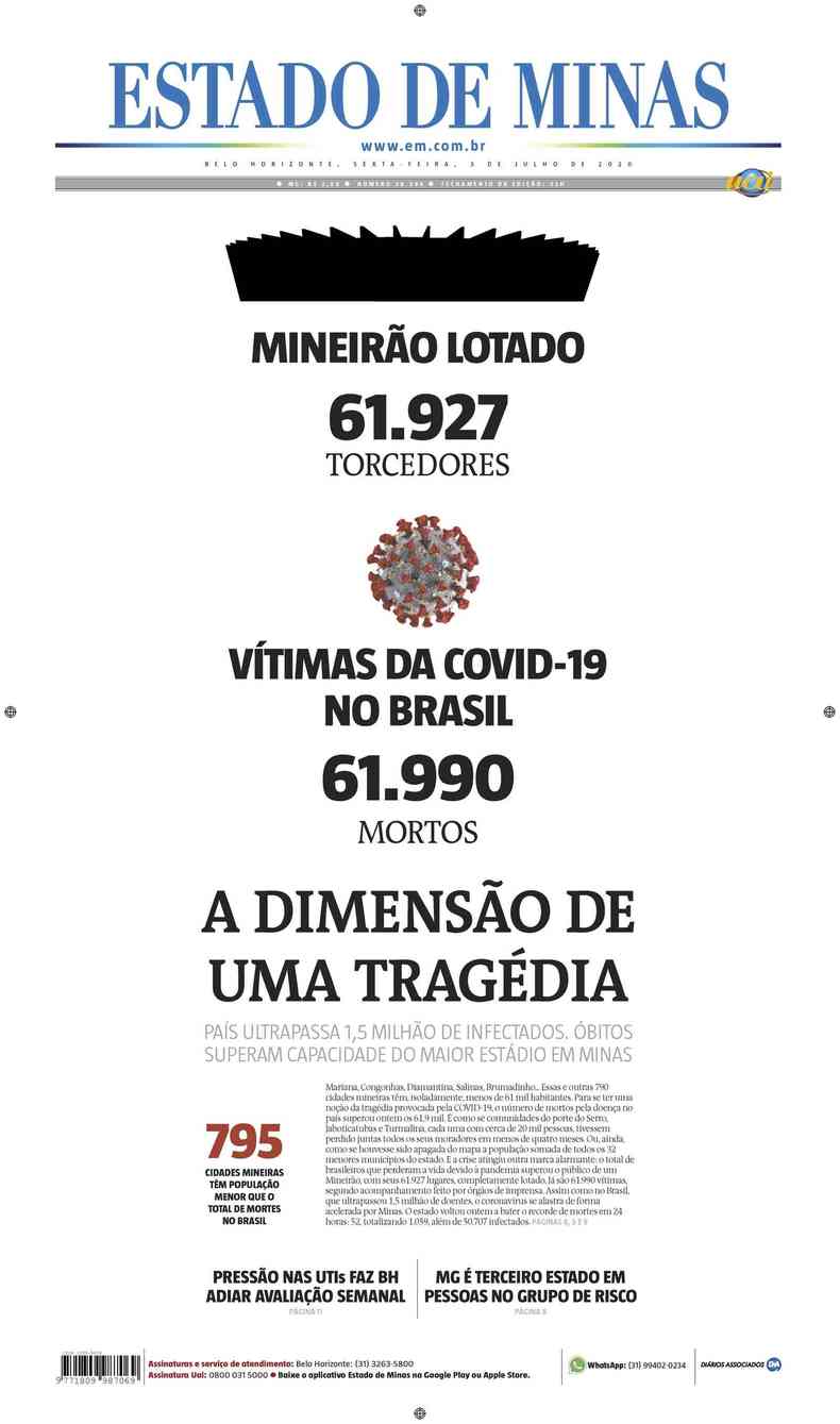 Confira a Capa do Jornal Estado de Minas do dia 03/07/2020(foto: Estado de Minas)