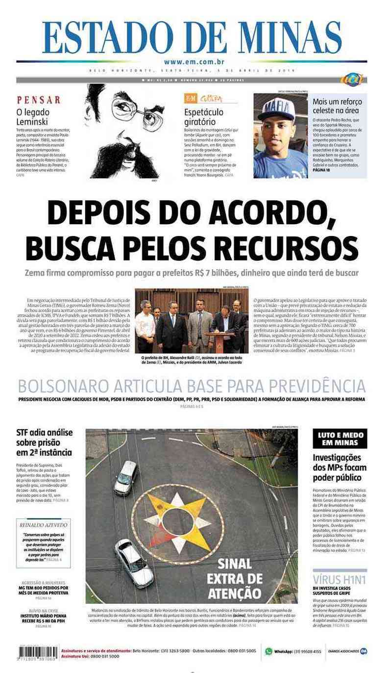 Confira a Capa do Jornal Estado de Minas do dia 05/04/2019(foto: Estado de Minas)
