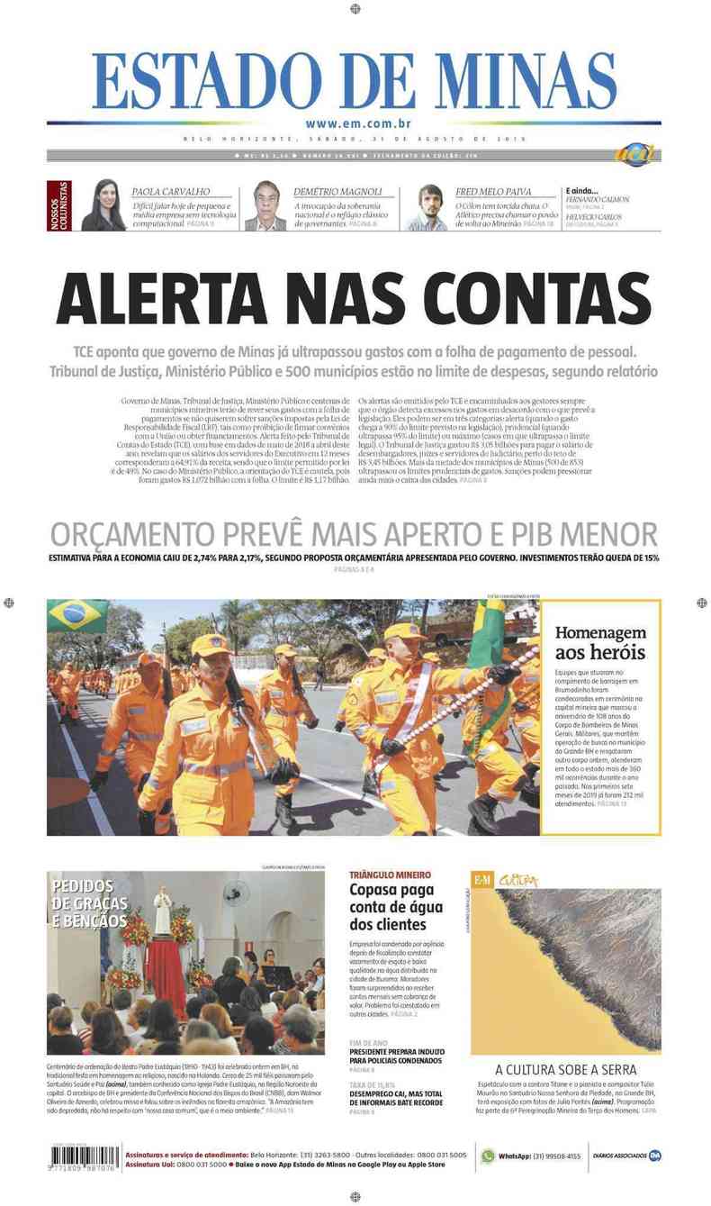Confira a Capa do Jornal Estado de Minas do dia 31/08/2019(foto: Estado de Minas)
