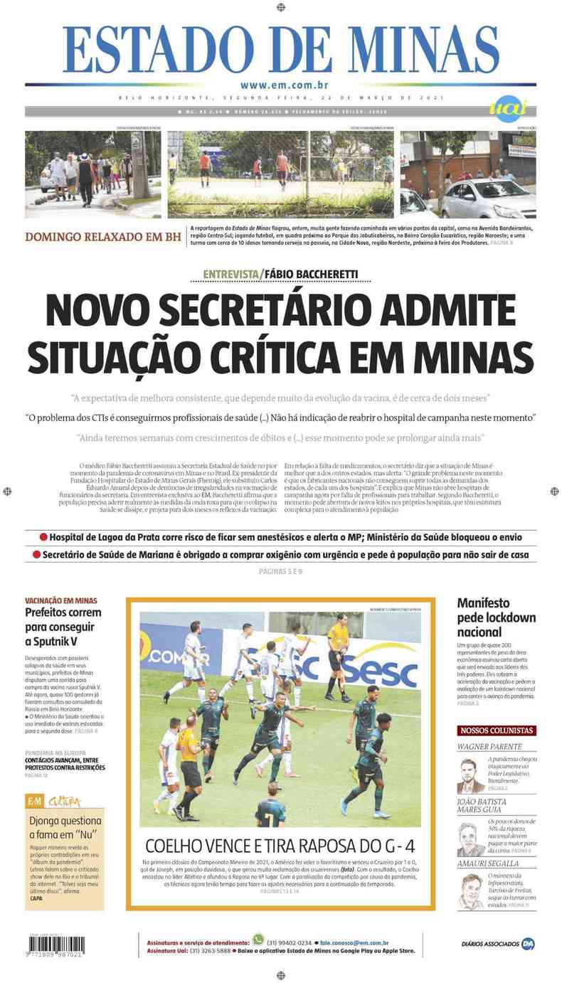 Confira a Capa do Jornal Estado de Minas do dia 22/03/2021(foto: Estado de Minas)