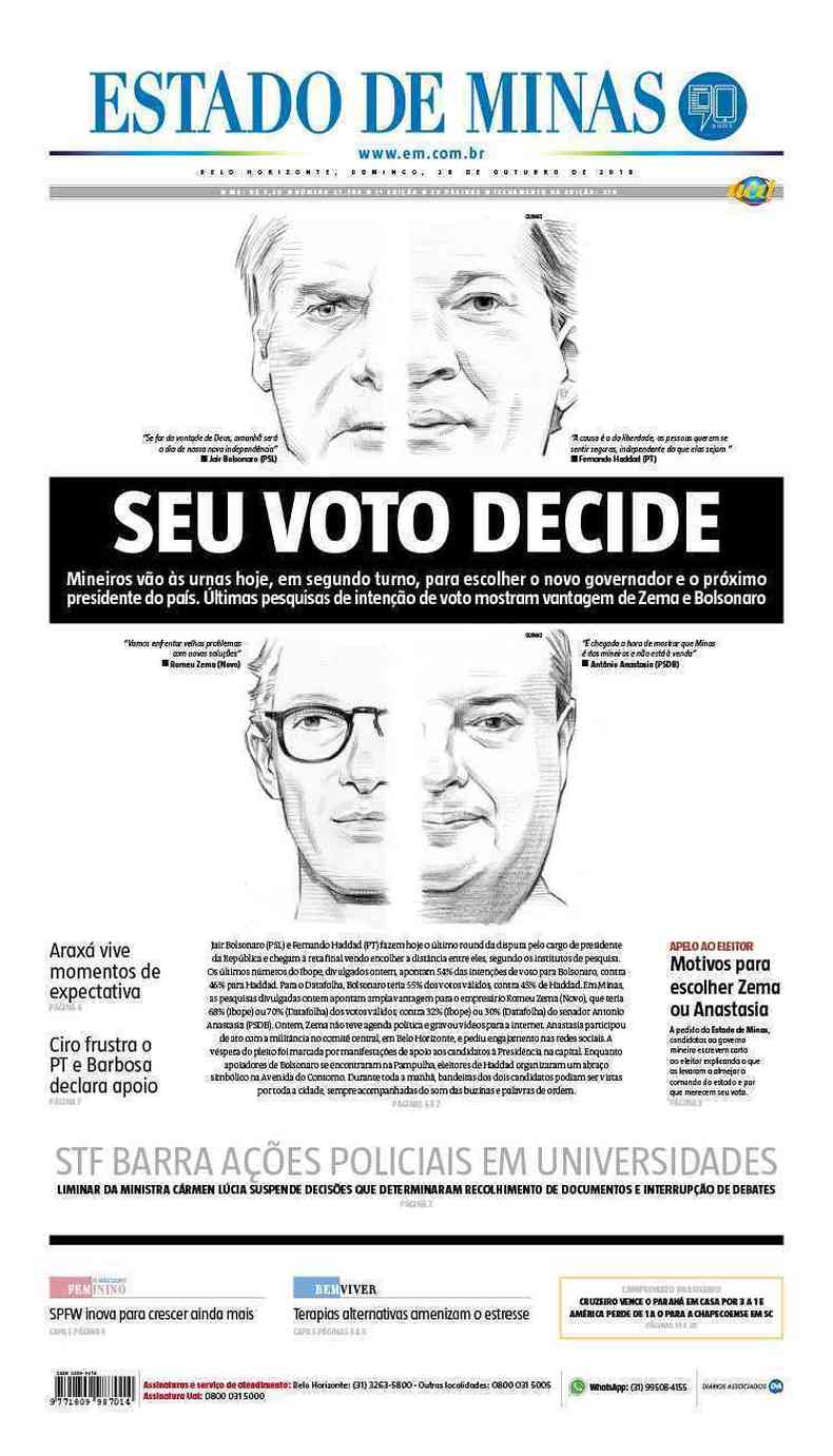 Confira a Capa do Jornal Estado de Minas do dia 28/10/2018(foto: Estado de Minas)