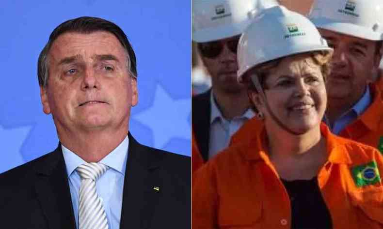 Montagem com Bolsonaro em fundo azul e Dilma com capacete da Petrobrás 