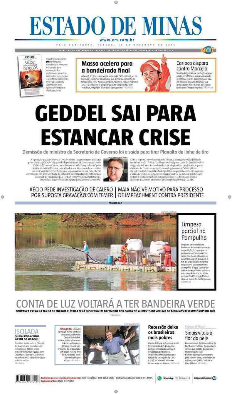 Confira a Capa do Jornal Estado de Minas do dia 26/11/2016