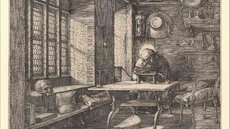 Gravura mostra São Jerônimo escrevendo diante de mesa em sala