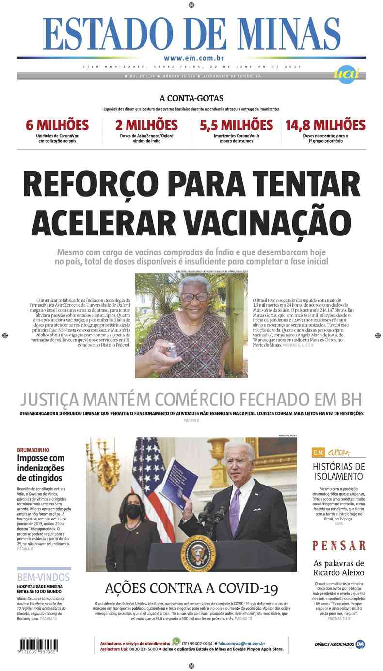 Confira a Capa do Jornal Estado de Minas do dia 22/01/2021(foto: Estado de Minas)
