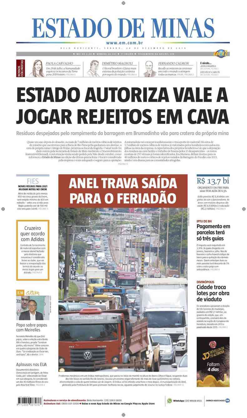 Confira a Capa do Jornal Estado de Minas do dia 28/12/2019(foto: Estado de Minas)