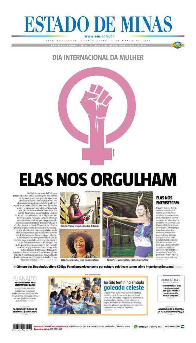 Confira a Capa do Jornal Estado de Minas do dia 08/03/2018