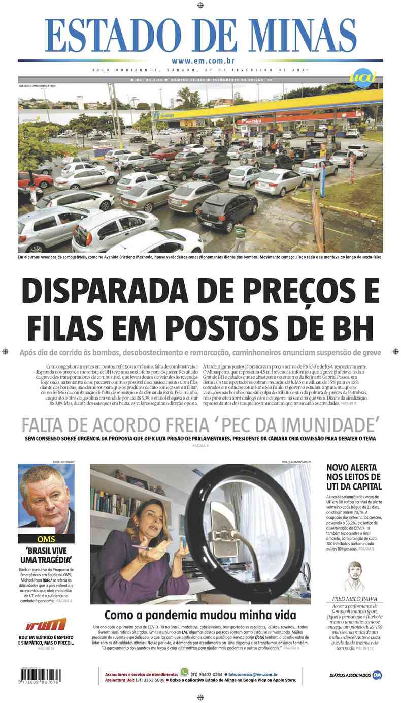 Confira a Capa do Jornal Estado de Minas do dia 27/02/2021(foto: Estado de Minas)