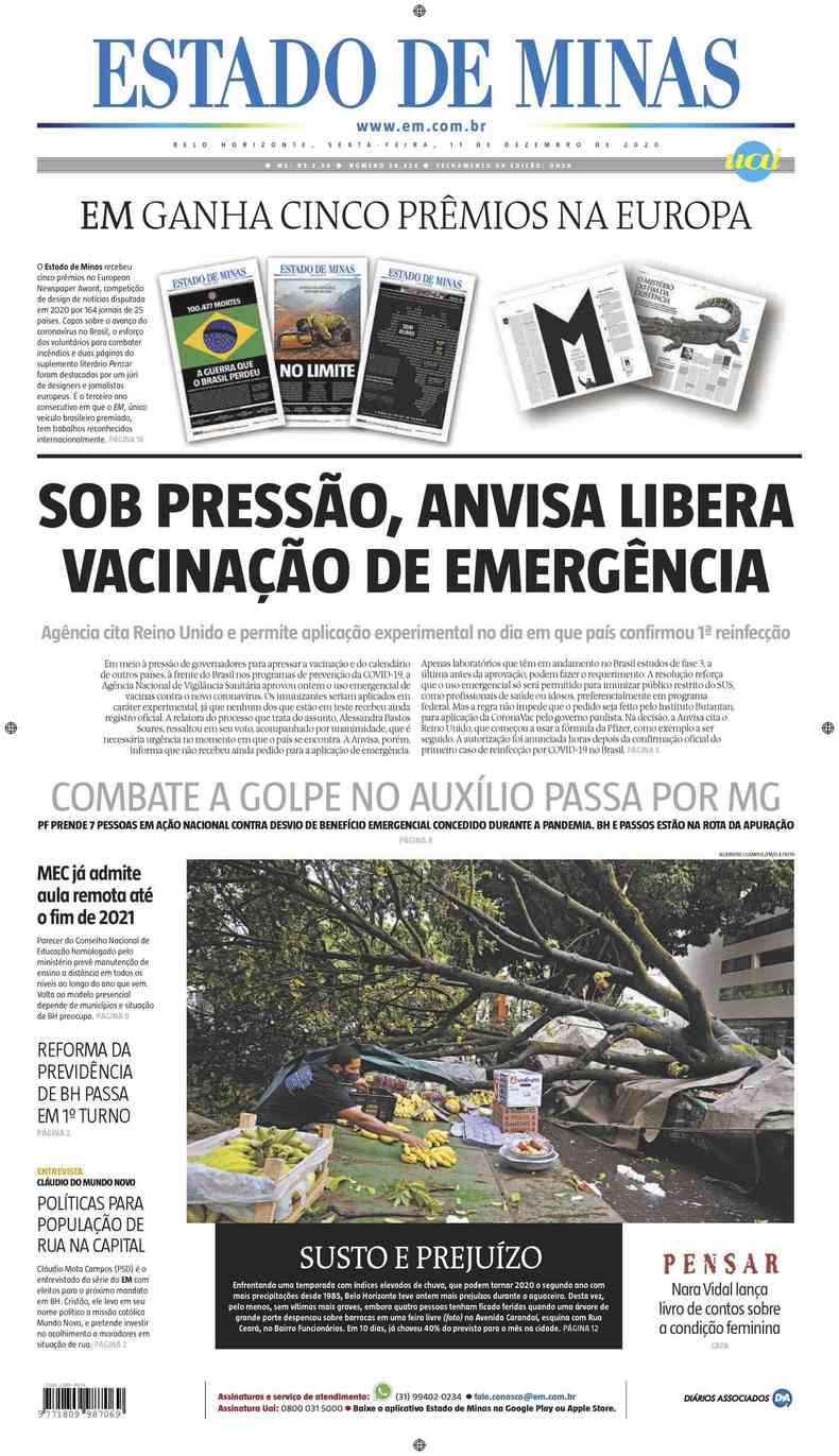 Confira a Capa do Jornal Estado de Minas do dia 11/12/2020(foto: Estado de Minas)