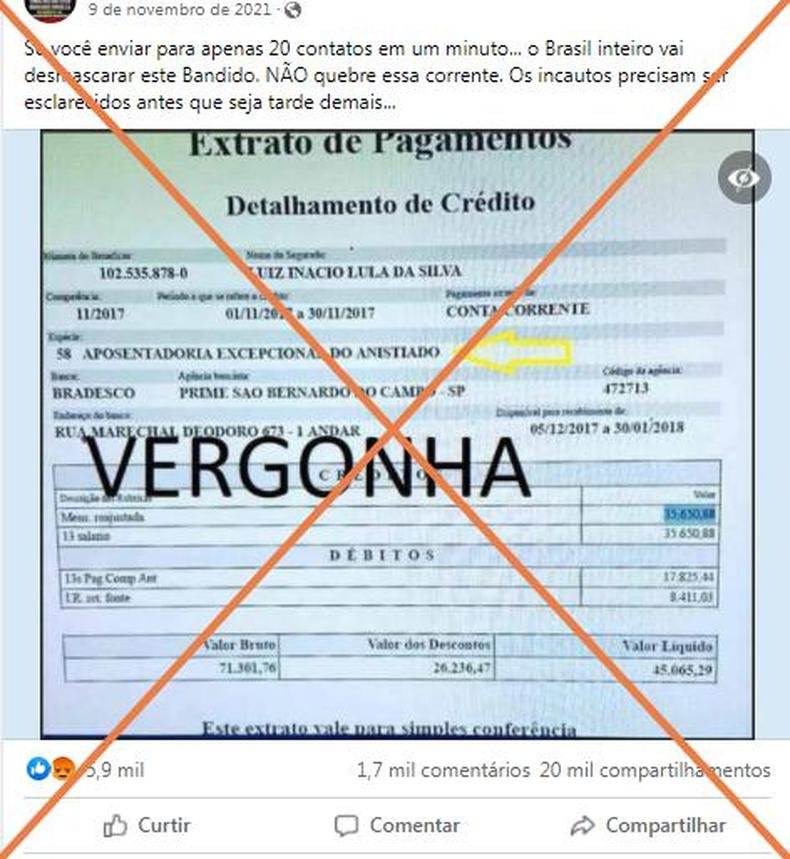 Captura de tela feita em 9 de fevereiro de 2022 de uma publica��o no Facebook